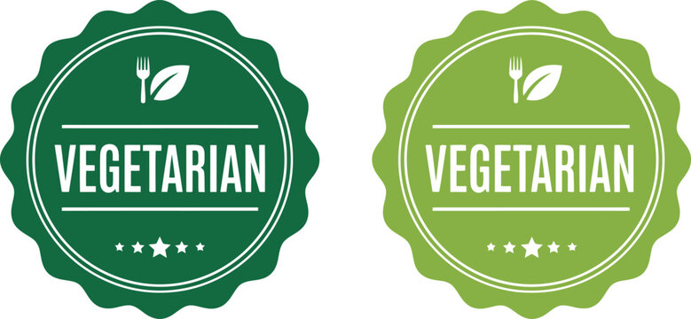 Green vegetarian label badges with leaf icons for healthy food packaging and restaurant menus