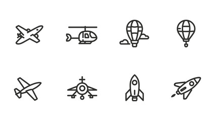 Fototapeta premium Aviation Icons Set: A comprehensive collection of meticulously crafted, minimalist icons representing diverse modes of air travel, perfect for any design project.