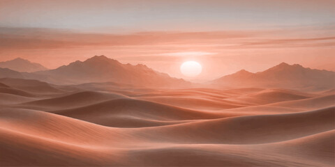 A vibrant orange sky glows during a majestic sunrise and sunset over rugged mountain peaks and desert hills as golden sunlight pierces through clouds at dawn and dusk © JOGOT KALA