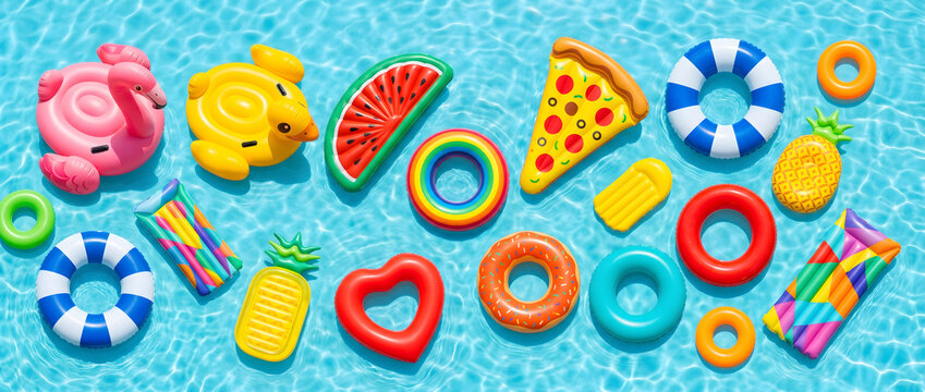 Colorful inflatable pool toys floating on clear blue water surface