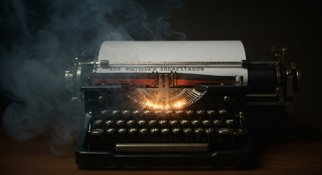 Vintage Typewriter with Smoke and Fire A Writers Block Concept.