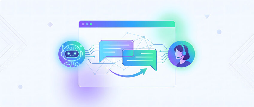 Illustration of an AI customer service interface showing conversational interaction between robot and human user