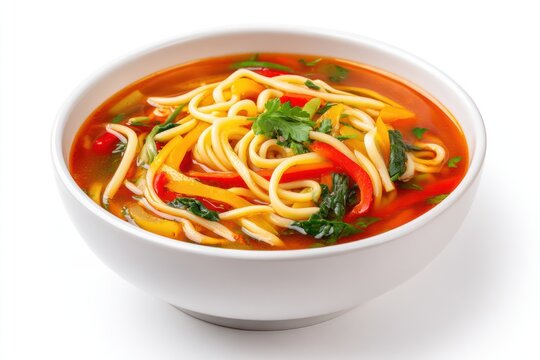 Traditional lagman noodle soup on white