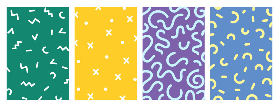 Collection of colorful geometric patterns on white background. Decoration for geometric design artwork style, advertising, wrapping, printing, book cover. Vector illustration