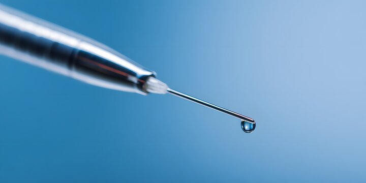 Close view of a hypodermic needle showing a droplet at the end