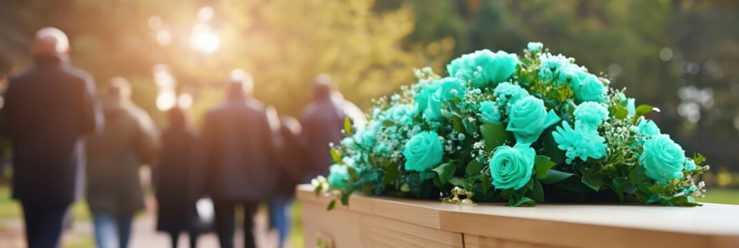 Coffin topped with floral spray during outdoor funeral procession