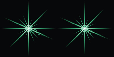 Fototapeta premium Green glowing starburst flare effect, sparkle light isolated on dark background