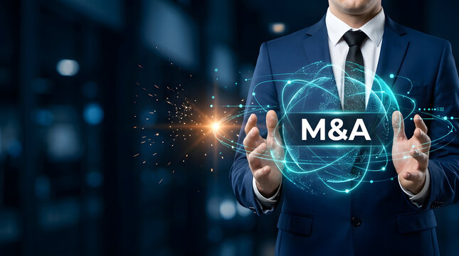 Businessman presenting holographic globe with digital network symbolizing mergers and acquisitions