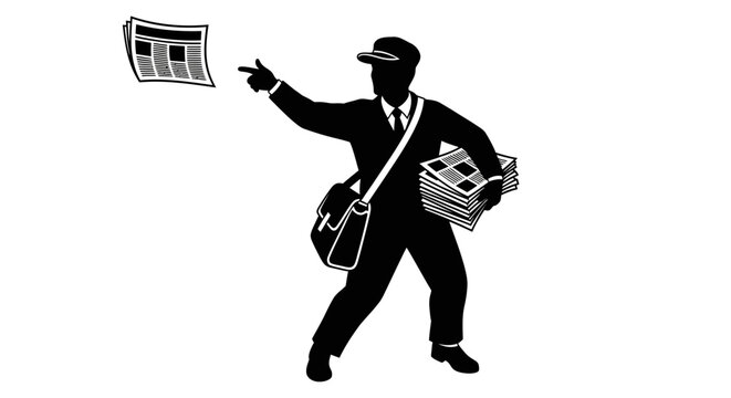 Newspaper delivery man, newspaper boy, messenger icon, delivery service, black silhouette
