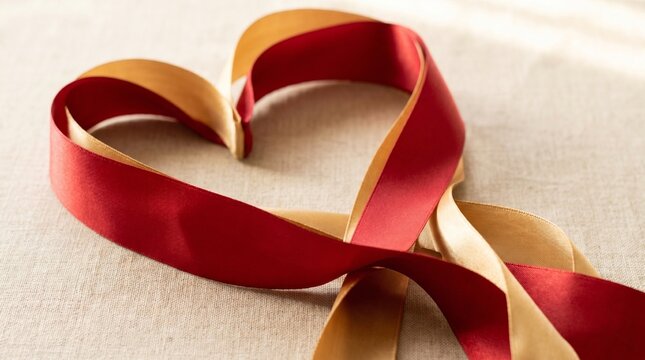 "Two intertwined satin ribbons, one red and one gold, arranged in a heart shape on a beige textured surface."
