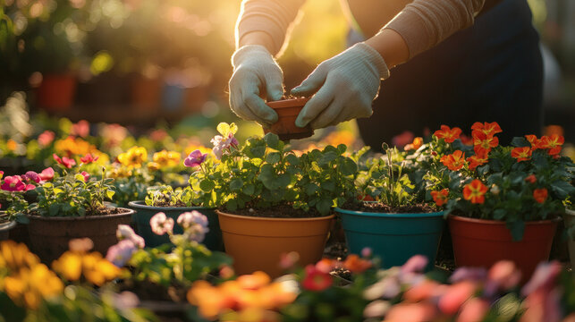 A gardener wearing gloves carefully pots a small plant into a colorful ceramic container surrounded by vibrant flowering plants in assorted pots under warm sunlight with dynamic hands and