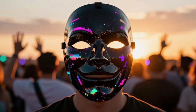 A woman in a black mask stands in front of a crowd, with hands raised in the background. The sunset creates a colorful backdrop at the outdoor event.
