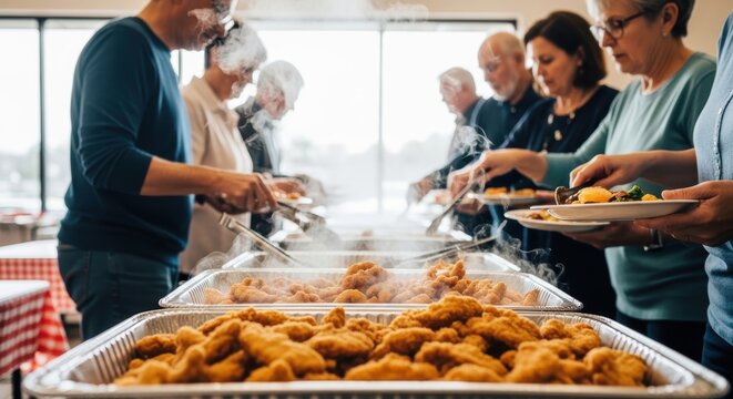 A group of seniors serve themselves hot, steaming food from chafing dishes at a buffet.