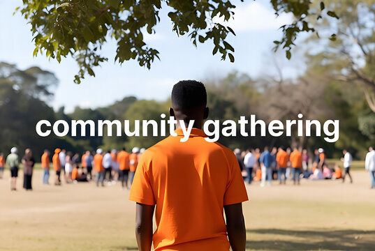 A group of people is gathered on a field, with a man looking back at them. It appears to be a community event or gathering taking place outdoors.