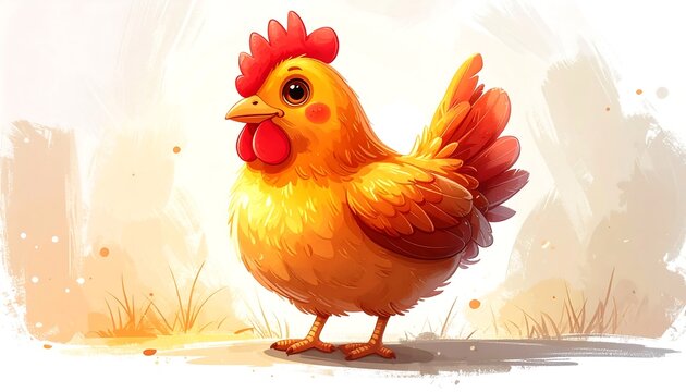Vibrant orange cartoon chicken standing alone.