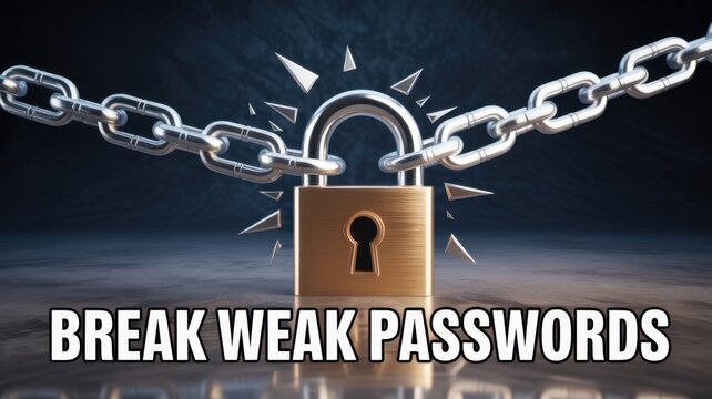 Digital Security Concept Showing Gold Padlock Breaking Weak Password Chains