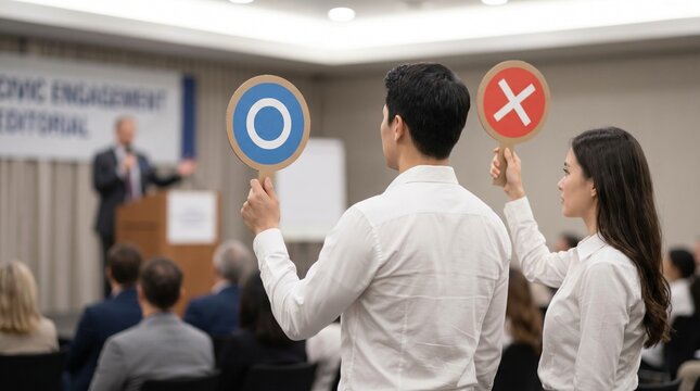 Office attendees raise blue target and red cross paddles during a business presentation, showing contrasting responses in a conference room with a speaker in the background.