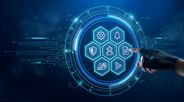 Futuristic cybersecurity dashboard with protected icons and pointing hand on blue HUD