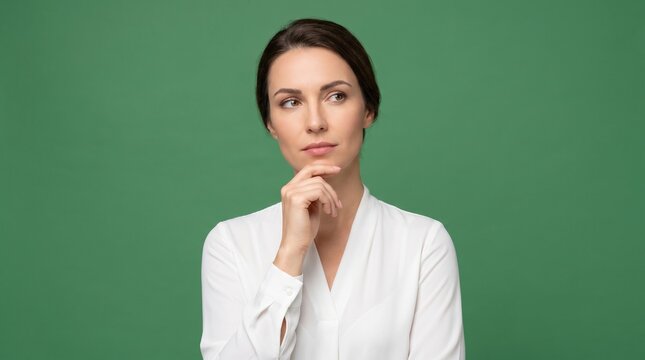 Person in a white shirt poses against a plain green background with a hand touching the chin, suggesting contemplation, uncertainty, decision making, or quiet reflection in a minimal studio portrait.