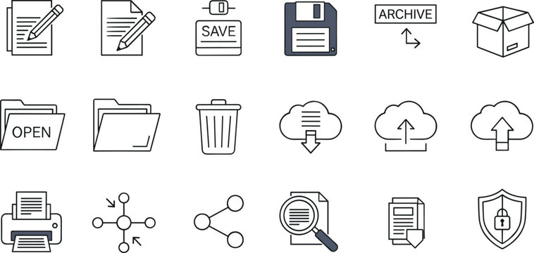 Set of file storage and document management icons flat vector collection for office and web design