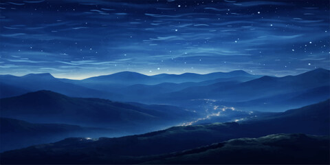 A breathtaking mountain landscape at sunset features a misty valley under a blue night sky where clouds and fog drift over snowy hills at dawn © PIXEL
