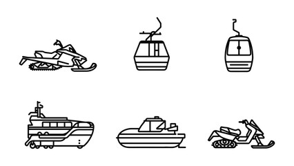 Transportation Icons Set: A collection of various transportation icons, including snowmobiles, cable cars, boats, and scooters. © Ajhar234
