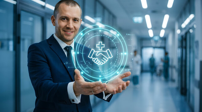 Businessman presenting digital healthcare handshake concept with medical cross in hospital corridor