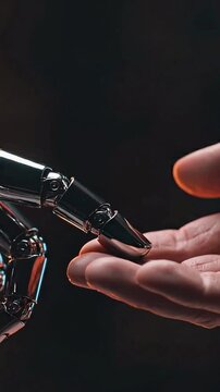 Robotic metallic hand gently touches human fingertip in this motion footage clip