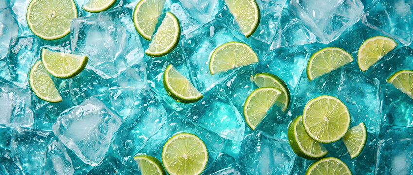 Sliced limes and ice cubes on a vibrant blue background in close-up photography