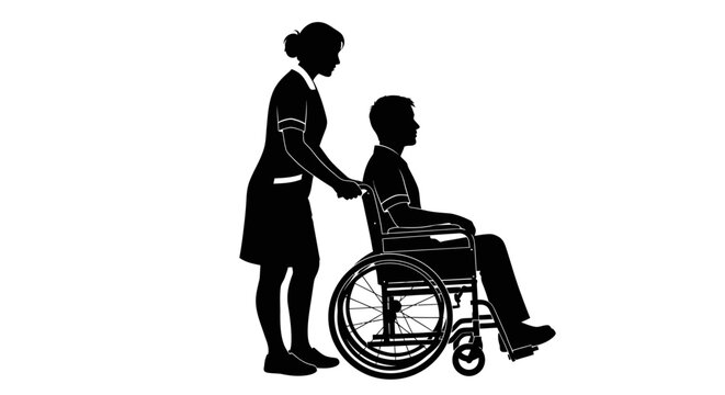 Black silhouette of woman helping a man in wheelchair, disability support vector icon
