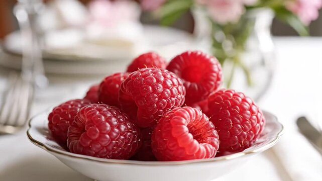 Bright Pink Raspberries in a White Bowl