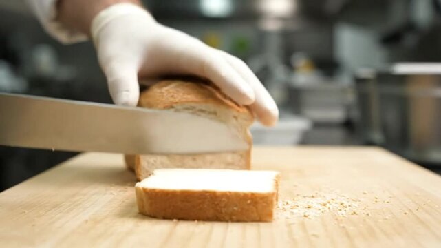 Chef carefully slices a loaf of bread into a single piece on a wooden cutting board in a professional kitchen
