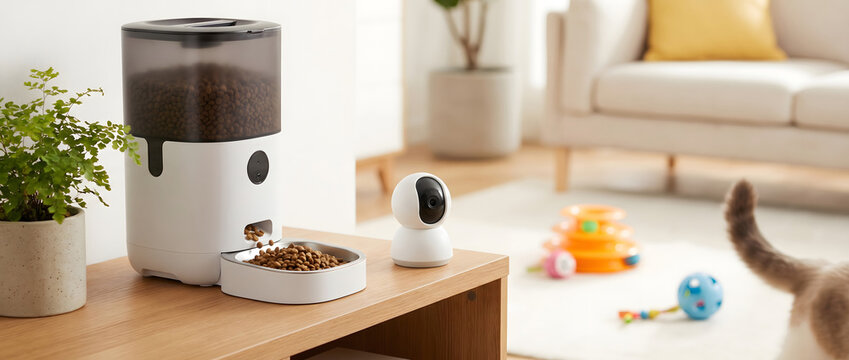 Smart pet feeder on wooden table with cat's tail visible in cozy living room setting
