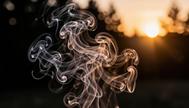 swirling smoke against a sunset backdrop. The smoke rises and dances as the sun casts a warm glow in the background, creating a serene atmosphere.
