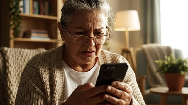 Focused senior woman with glasses using a smartphone in a cozy living room setting, looking concerned