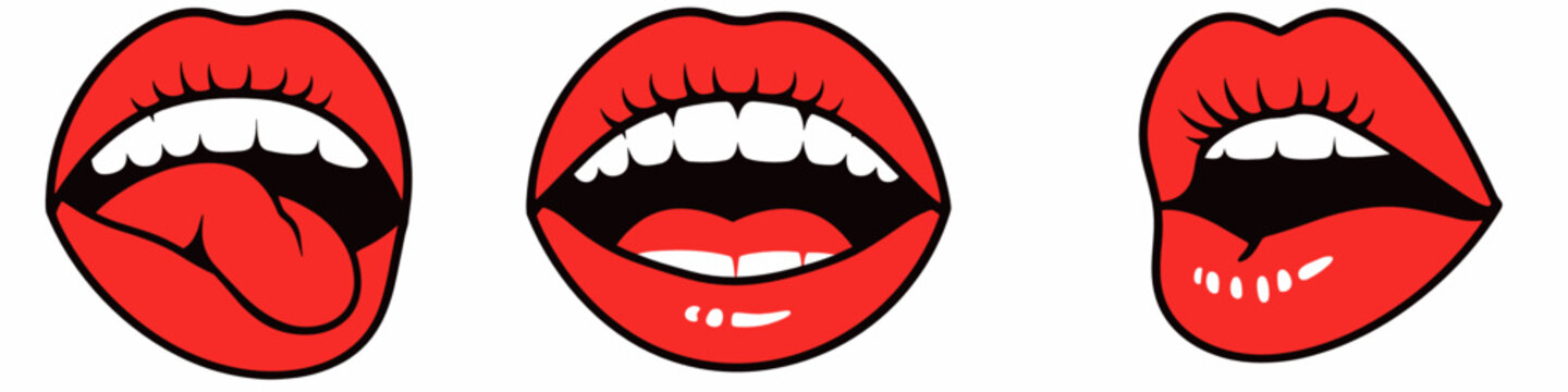 A collection of three red female mouth poses on white background: tongue out, open with teeth, and puckered lips. Pop art vector set.