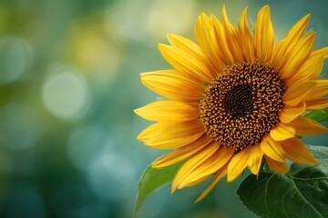 Obraz premium Yellow sunflower with green leaves in garden