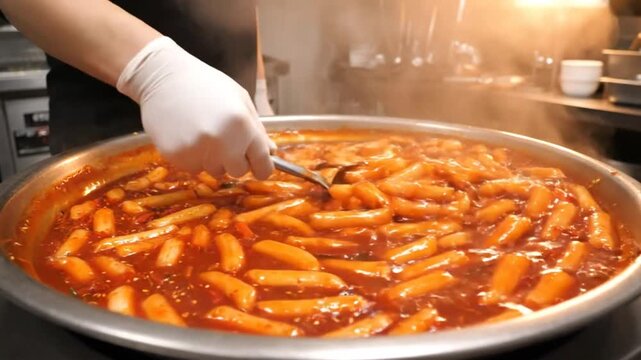 Chef stirring a large pot of bubbling tteokbokki Korean spicy rice cakes in commercial kitchen