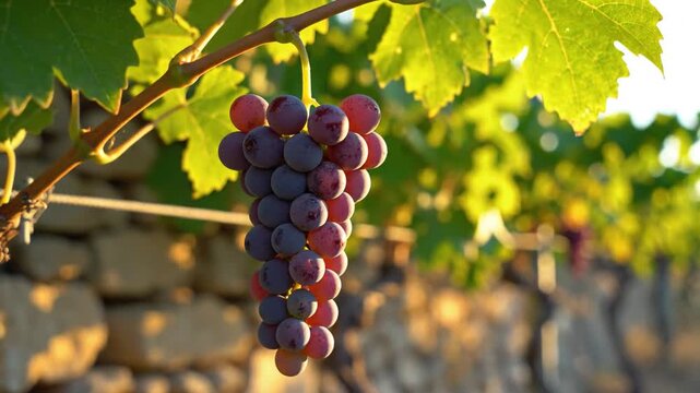 Bright Purple Grapes Hanging on Vine in Sunlight