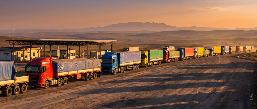 Freight trucks lined up at a checkpoint during golden hour sunset in a desert landscape