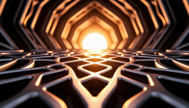 a geometric pattern with a glowing light at the end. This light creates a striking contrast within the intricate geometric design.