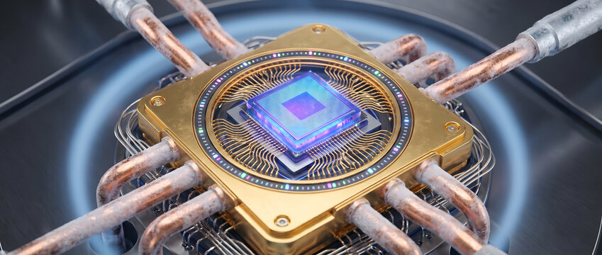 Close-up of a blue microprocessor chip encased in a golden heatsink with copper cooling pipes