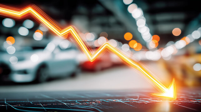 Economic Downturn Depicted: A stark visual metaphor of an economic downturn, with a bold, downward-trending arrow superimposed over a blurred background of a potentially automotive-related scene.
