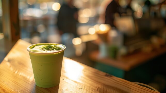 Macro texture of green latte foam with spirulina matcha blend.
