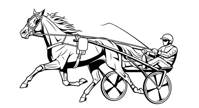 Harness racing horse with driver pulling a sulky cart