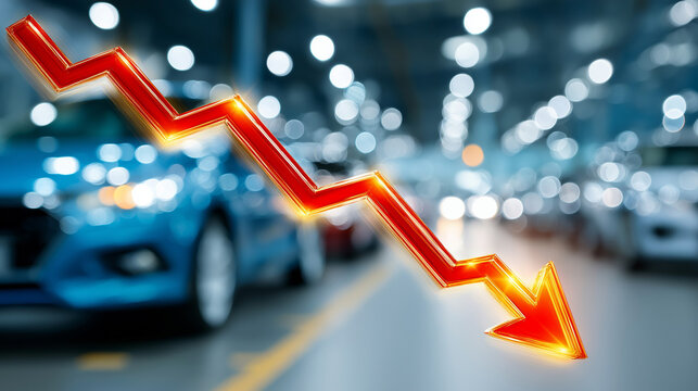 Downward Trend in Auto Industry: A visual representation of a declining market, featuring a downward-pointing arrow superimposed over a car showroom, highlighting a downturn in the automotive sector.