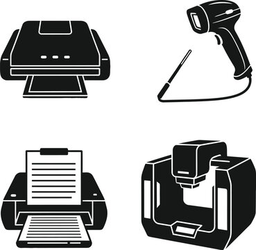 Office hardware icon set isolated on transparent background, printers scanners and barcode reader equipment collection