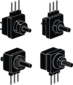 Isometric rotary encoder potentiometer icon set isolated on transparent background, electronic control knob and circuit component collection