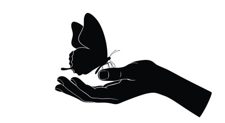 Butterfly resting on a hand black silhouette high quality professional detailed © sefali