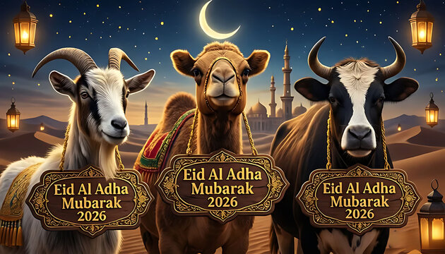 Ultra Realistic Eid al Adha Mubarak 2026 Composition with Goat Camel Cow and Dhumba, Islamic Festival Lanterns Crescent Moon and Mosque Desert Background